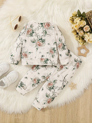 Baby Girl Boho Rose Flower Print Ruffle Top Pants Set