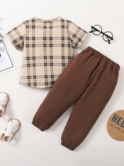 Boys Plaid Outfit Long Pants & Polo Shirt Short Sleeves Casual Kids Clothes