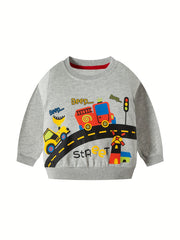 Boys Cartoon Car Print Crewneck Sweatshirt