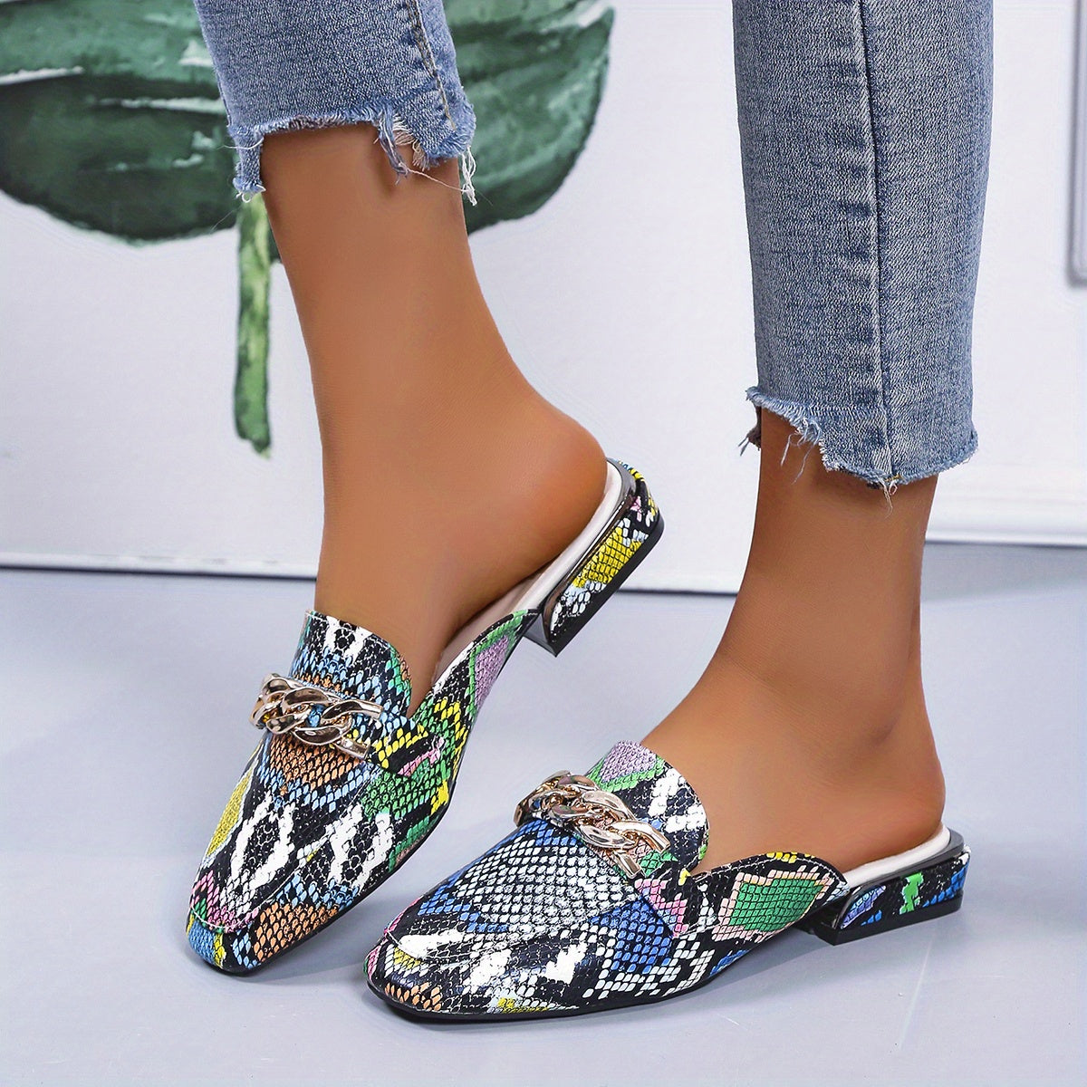 Snake Print Mules with Chain Detail Slip On Shoes