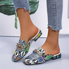Snake Print Mules with Chain Detail Slip On Shoes