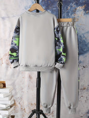 Geometric Dino Boy's Sweatshirt & Sweatpants Set For Kids
