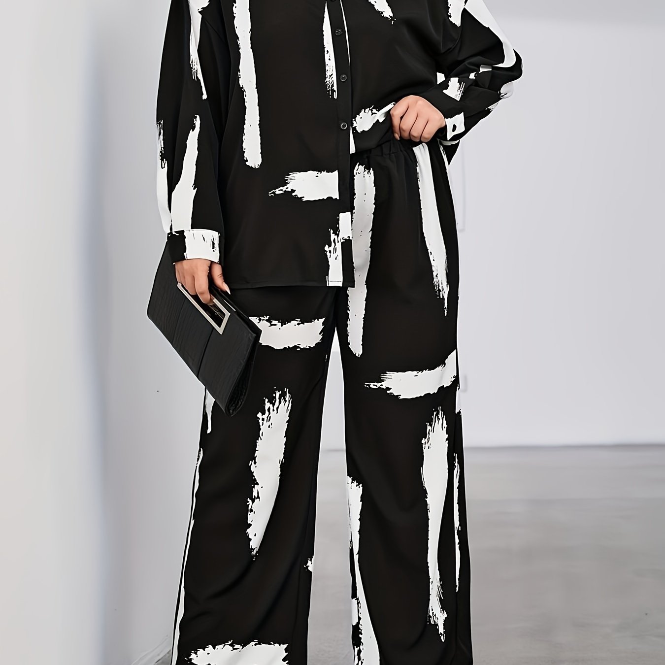 Women's Plus Brush Print Shirt & Loose Pants Outfit Set