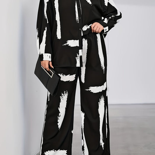 Women's Plus Brush Print Shirt & Loose Pants Outfit Set