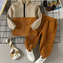 Boys Corduroy Sweatshirt & Pants Set, Stand Collar Zip, Elastic Waist