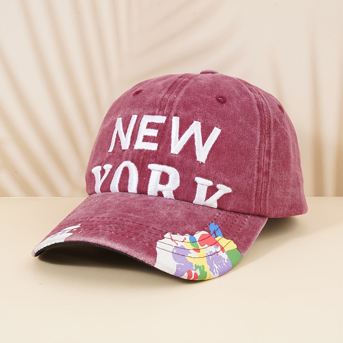 Distressed Baseball Cap York Embroidery Print Adjustable Sun Hat