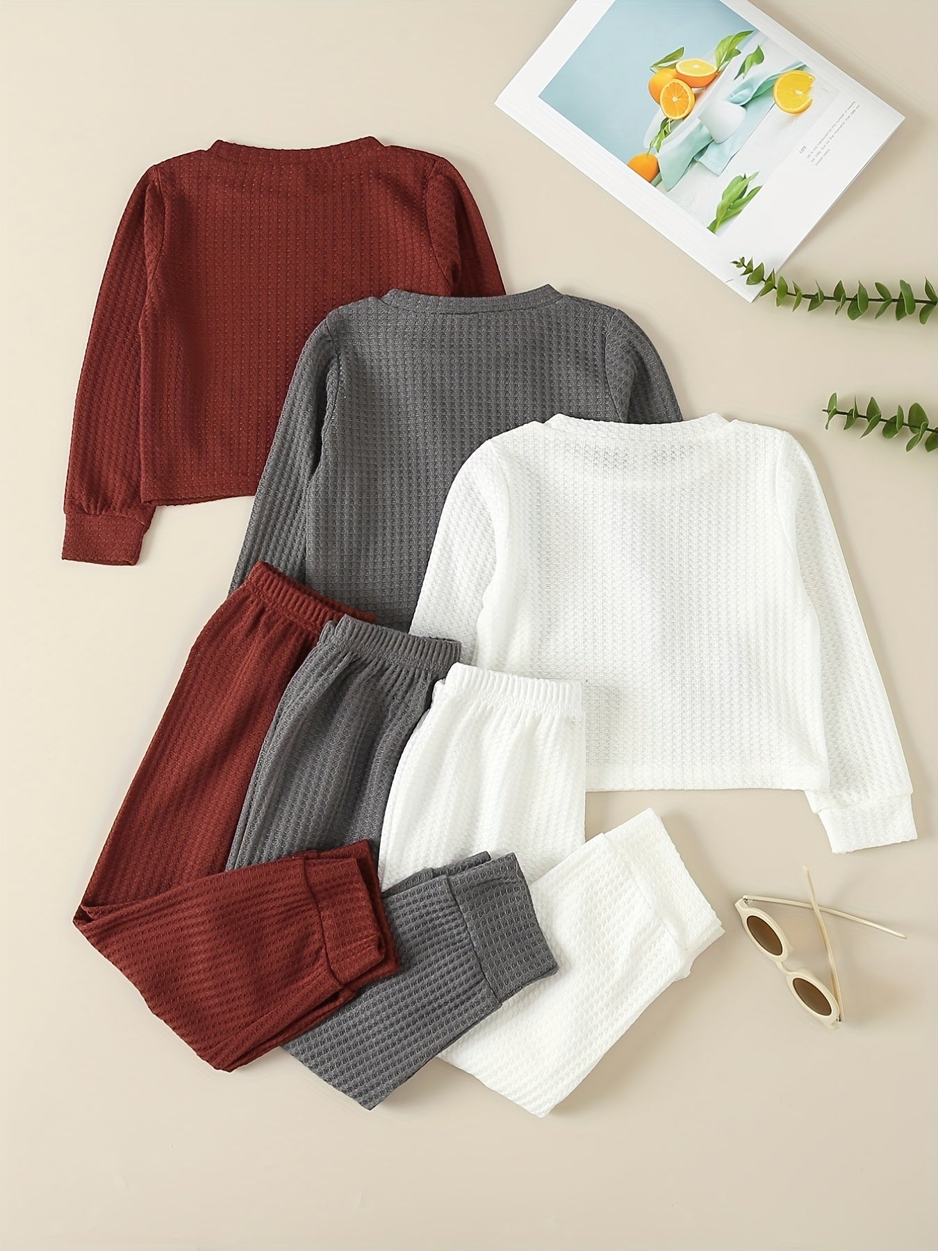 Girl's Waffle Sweatshirt & Sweatpants Set, Casual Outfit for Spring Fall