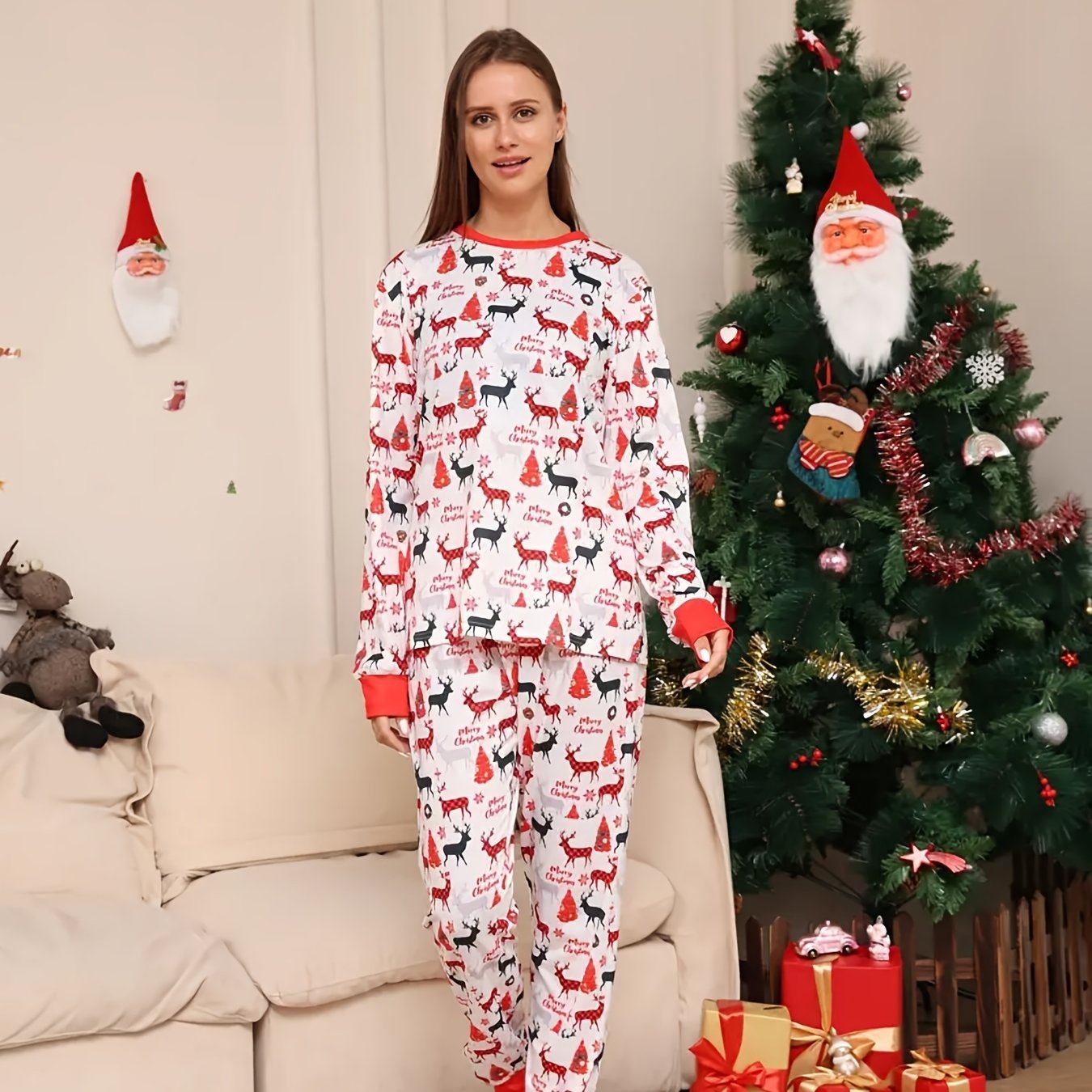 Christmas Elk Print Pajama Set Long Sleeve Top & Pants