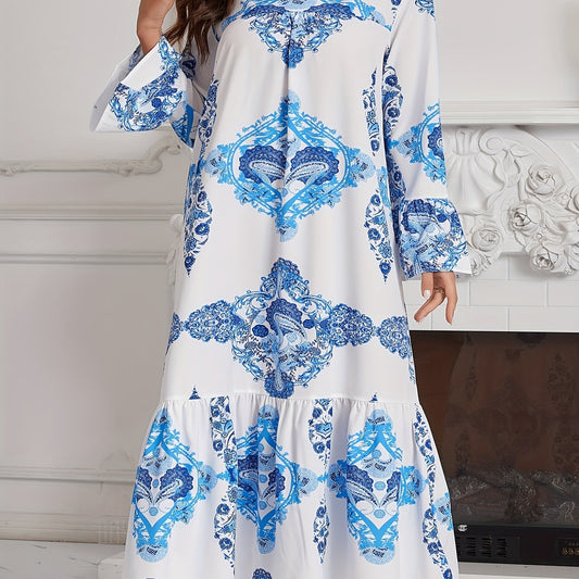 Casual Kaftan Dress Women's Plus Floral Print Bell Sleeve Maxi Dress