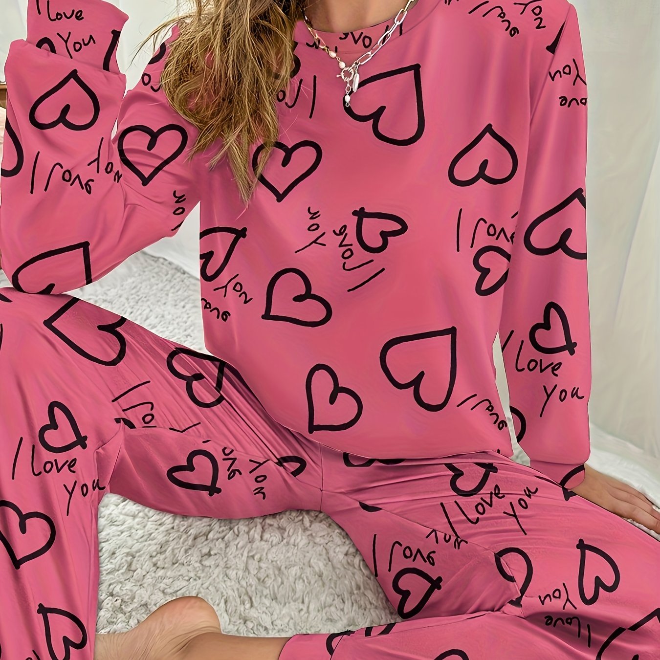 Heart Print Pajama Set Long Sleeve Crew Neck Top & Pants