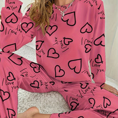 Heart Print Pajama Set Long Sleeve Crew Neck Top & Pants