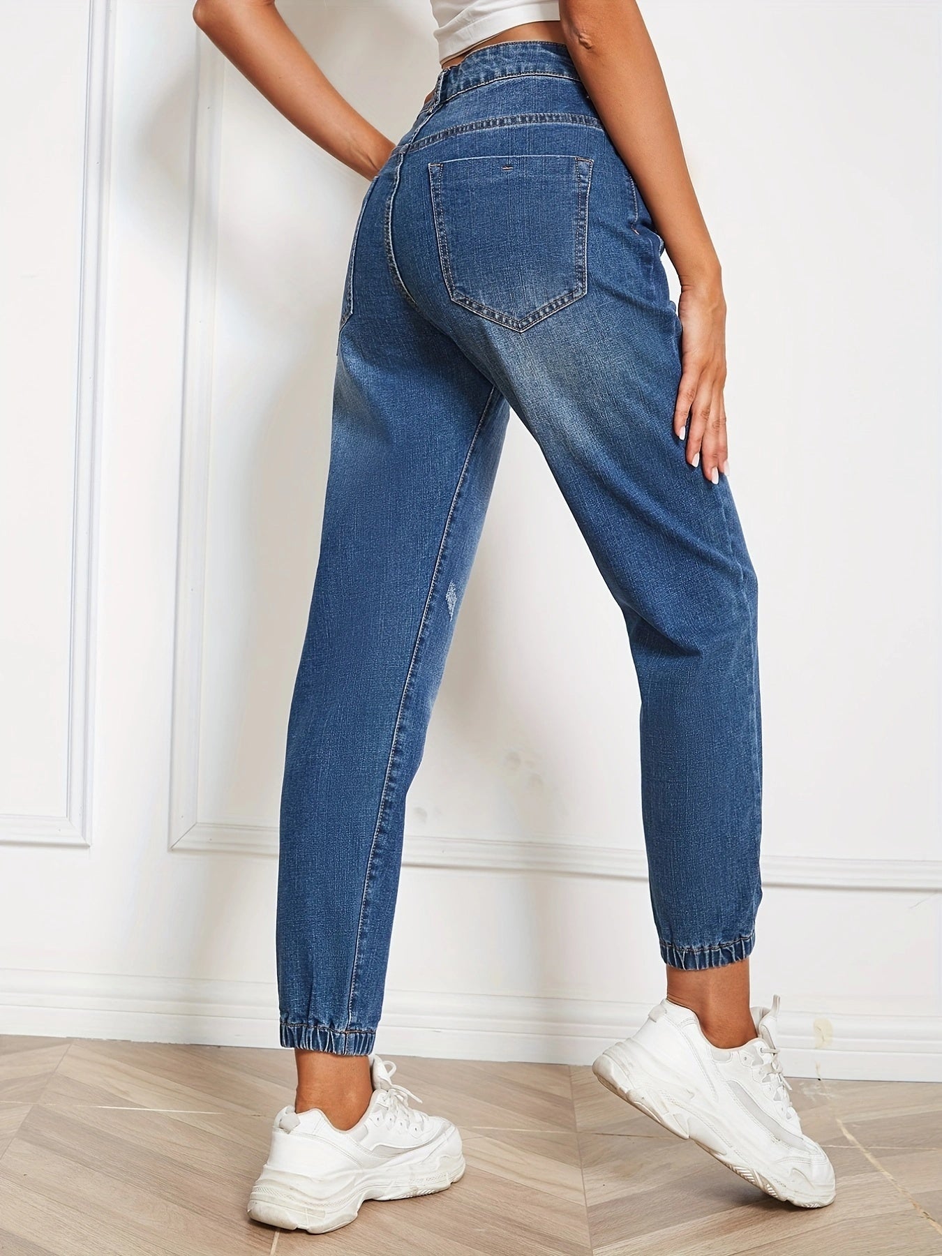 Loose Fit Straight Jeans Slash Pockets Mid Strstch Casual Denim Pants