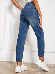 Loose Fit Straight Jeans Slash Pockets Mid Strstch Casual Denim Pants