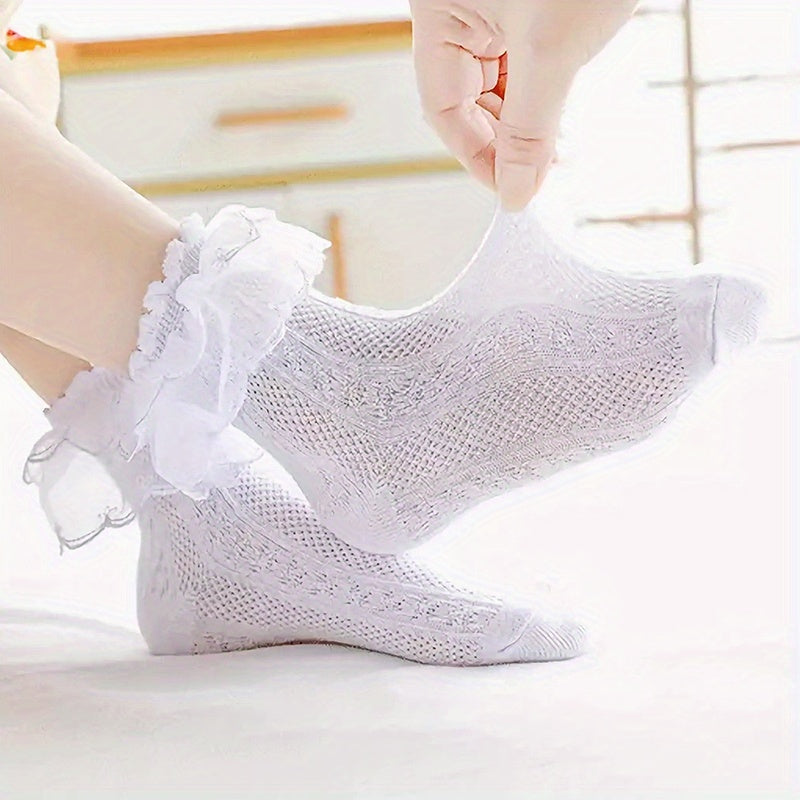 3 Pairs Girls Kids Lace Ruffled Princess Socks Breathable Comfy Children's Socks