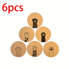 6pcs Cat's Claws Pattern Cork Coasters Round Wooden Mat for Hot Drinks