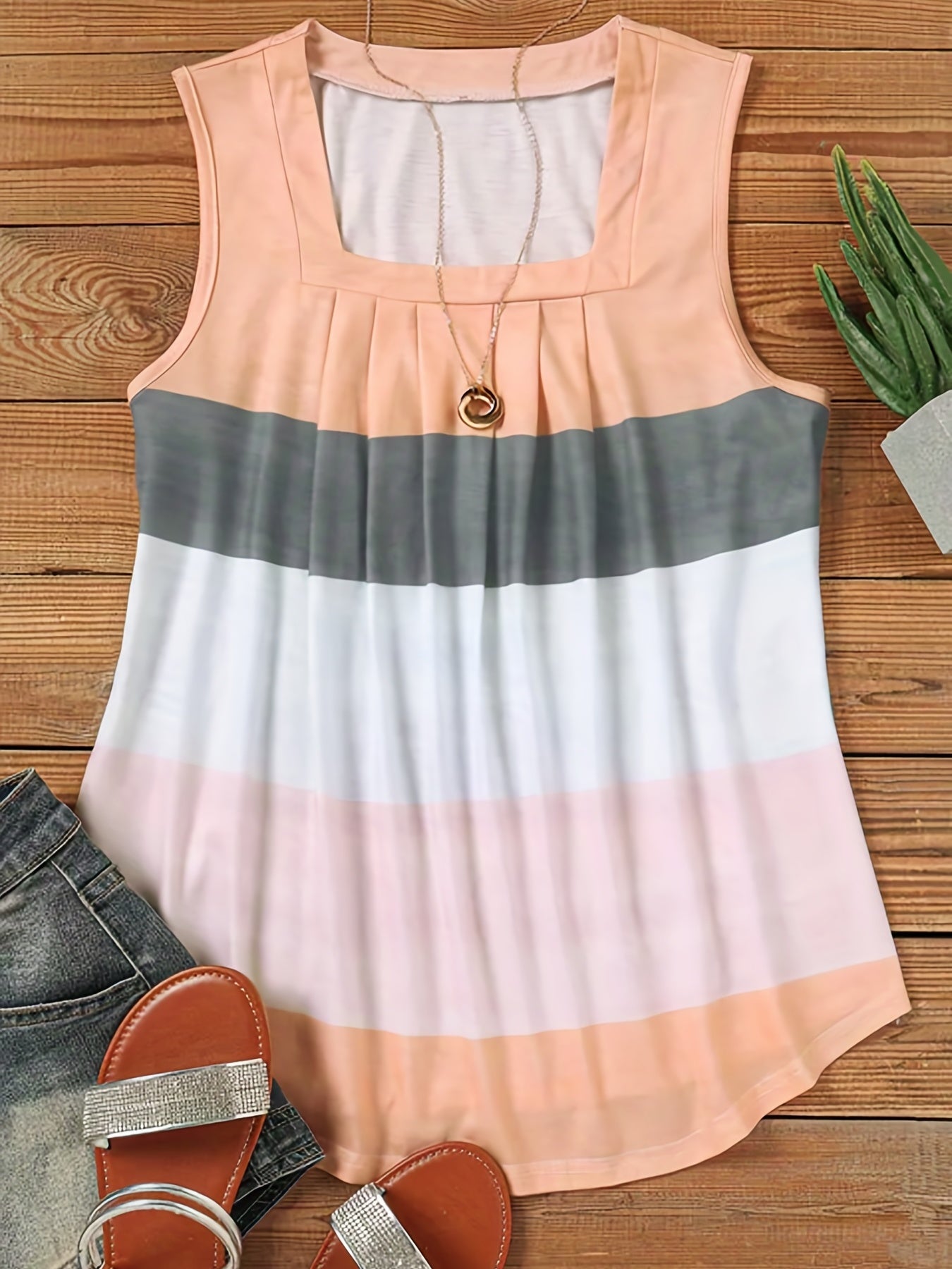 Women's Block Square Neck Tank Top Sleeveless Casual Summer Tank