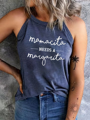 Women's Letter Print Halter Top Sleeveless Crew Neck Top