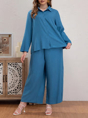 Ribbed Long Sleeve Polo Neck Blouse & Wide Leg Pants Set