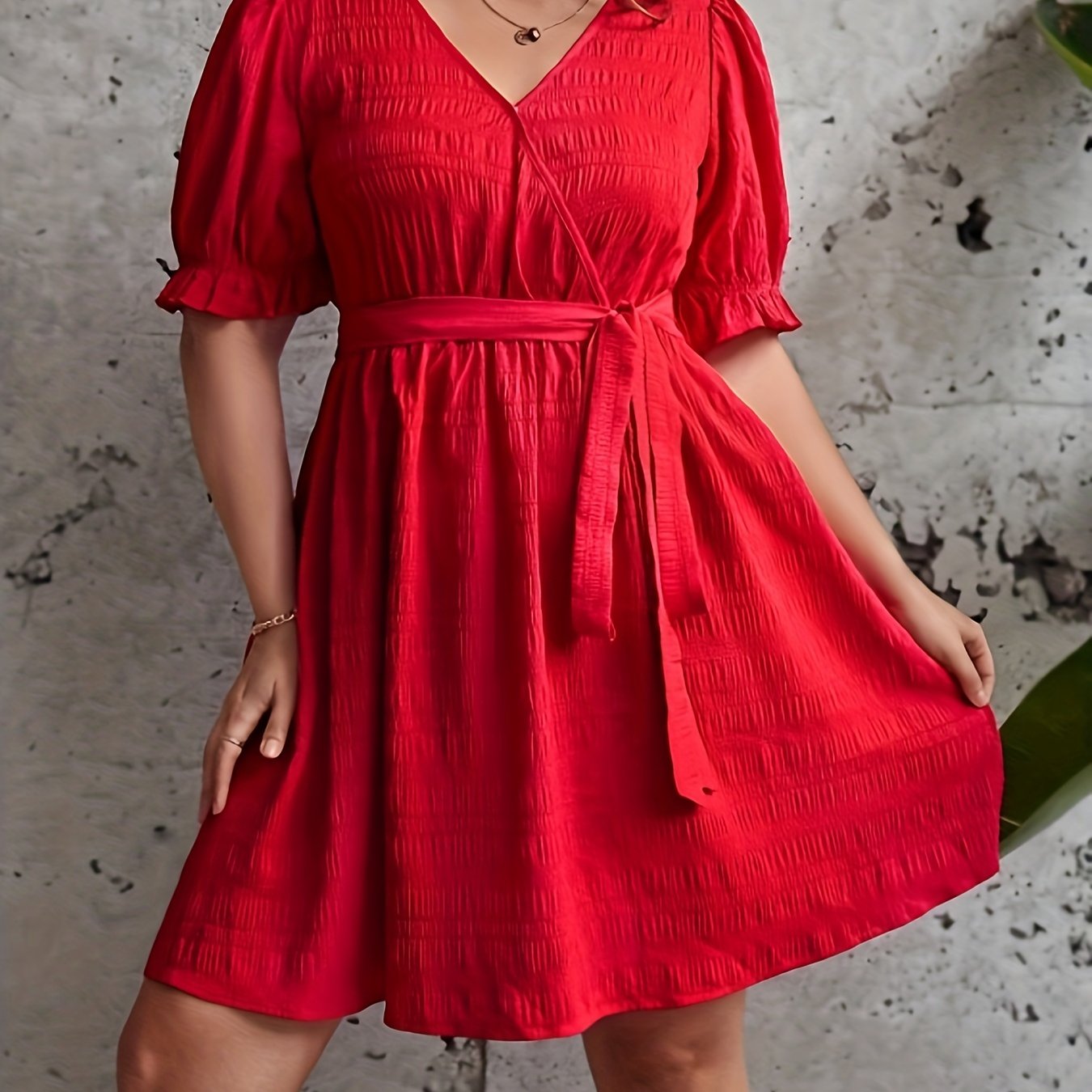 Plus Size Solid Ruffle Trim Puff Sleeve Dress With Belt