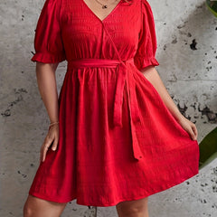 Plus Size Solid Ruffle Trim Puff Sleeve Dress With Belt