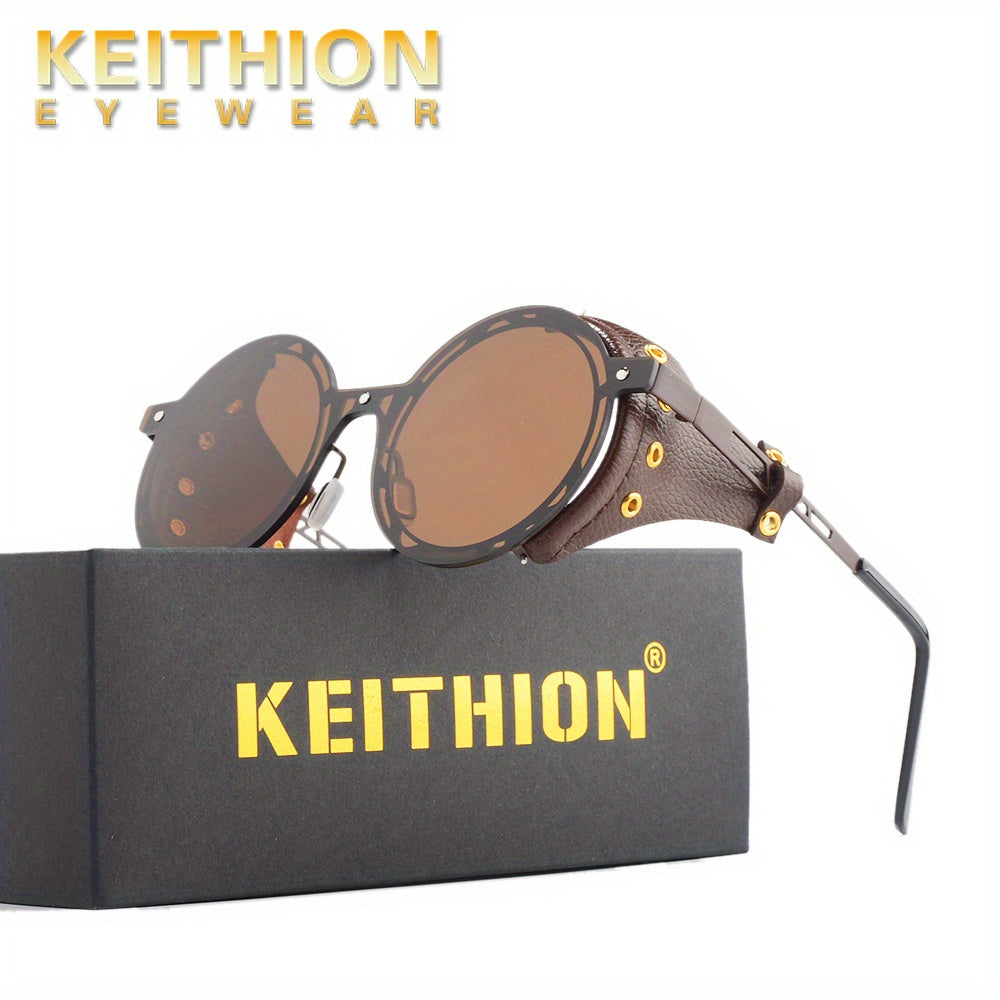KEITHION Steampunk Round Vintage Sunglasses Leather Side Glasses UV 400
