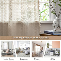 Bohemian Sheer Curtain with Hollow Trim and Tassel - Home Decor