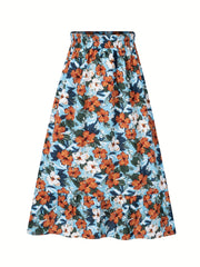 Boho Floral Print High Waist Tiered Skirts Pleated Vacation Layered Maxi