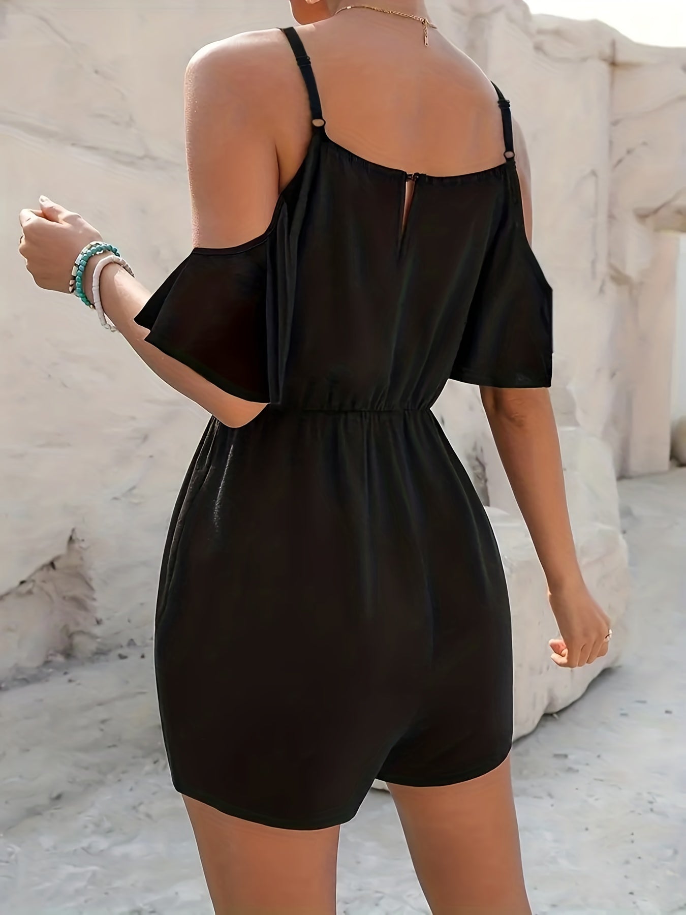 Cold Shoulder Romper Jumpsuit Cinched Waist