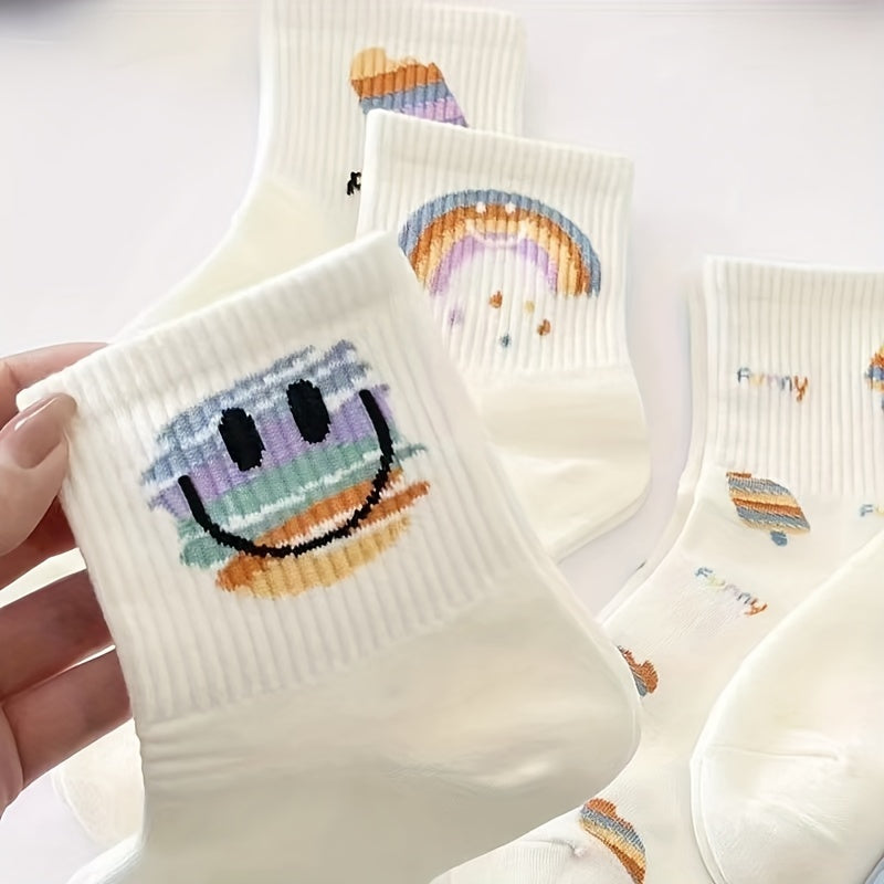 7 Pairs Smile Print Socks Comfy & Breathable Women's Stockings