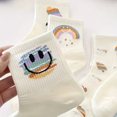 7 Pairs Smile Print Socks Comfy & Breathable Women's Stockings