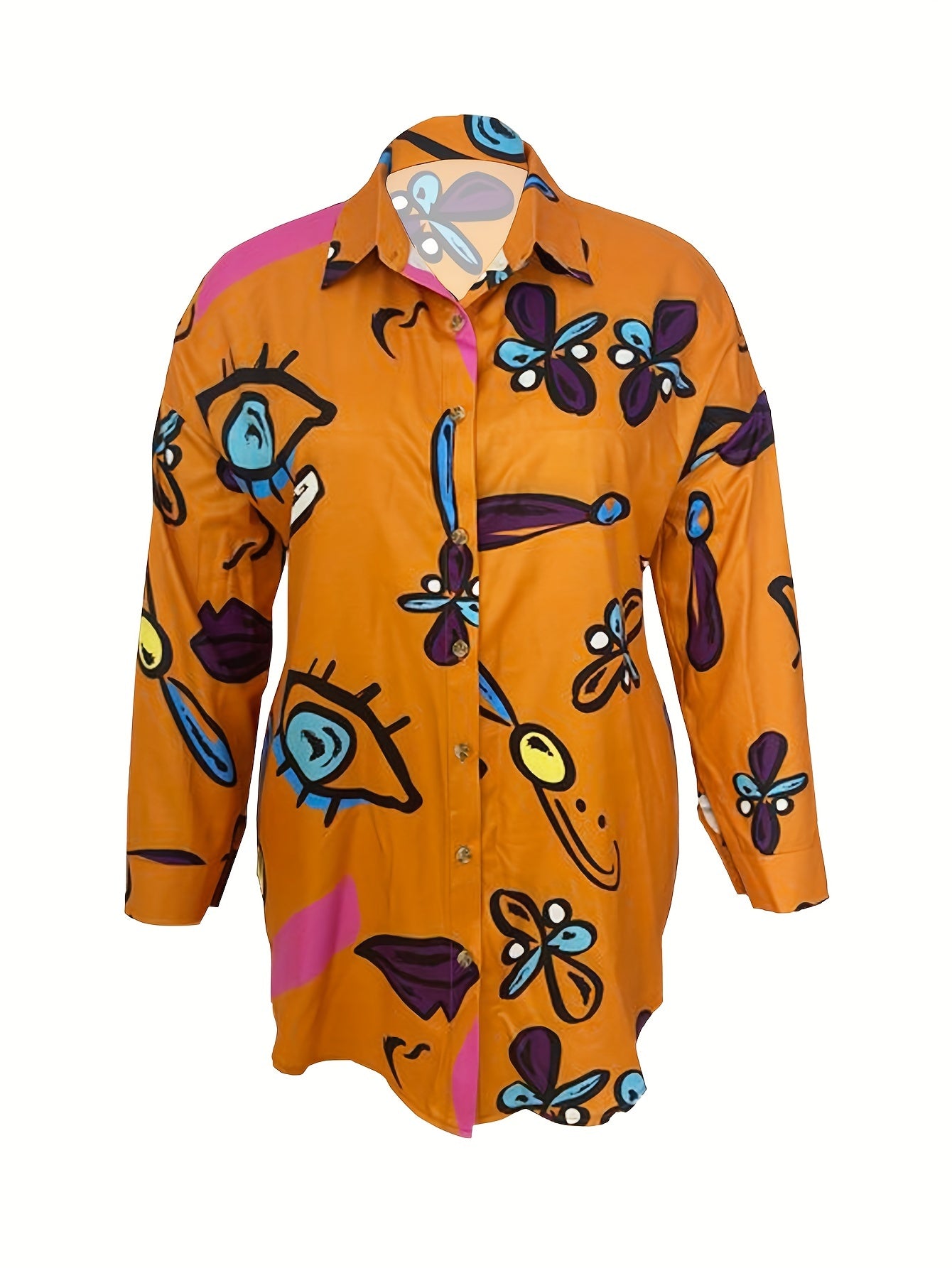 Abstract Face Print Long Sleeve Shirt Dress