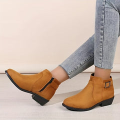 Women's Chunky Low Heel Short Boots Side Zip Ankle Buckle Boots