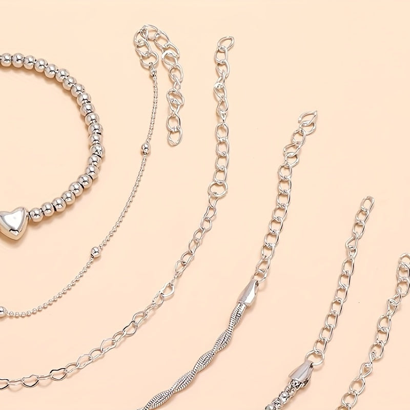 6pcs Silver Beaded Heart Pattern Multilayer Bracelet Set for Women