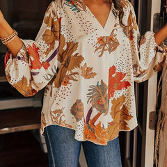 Boho Blouse Women's Plus Floral Dot Lantern Sleeve V Neck Loose