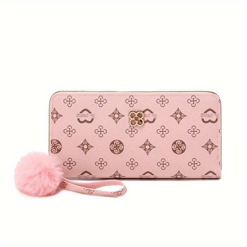 Girls Zipper Long Wallet Handbag Coin Purse With Fur Ball