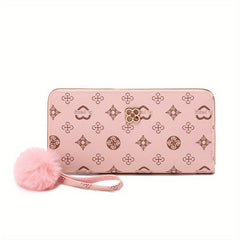 Girls Zipper Long Wallet Handbag Coin Purse With Fur Ball