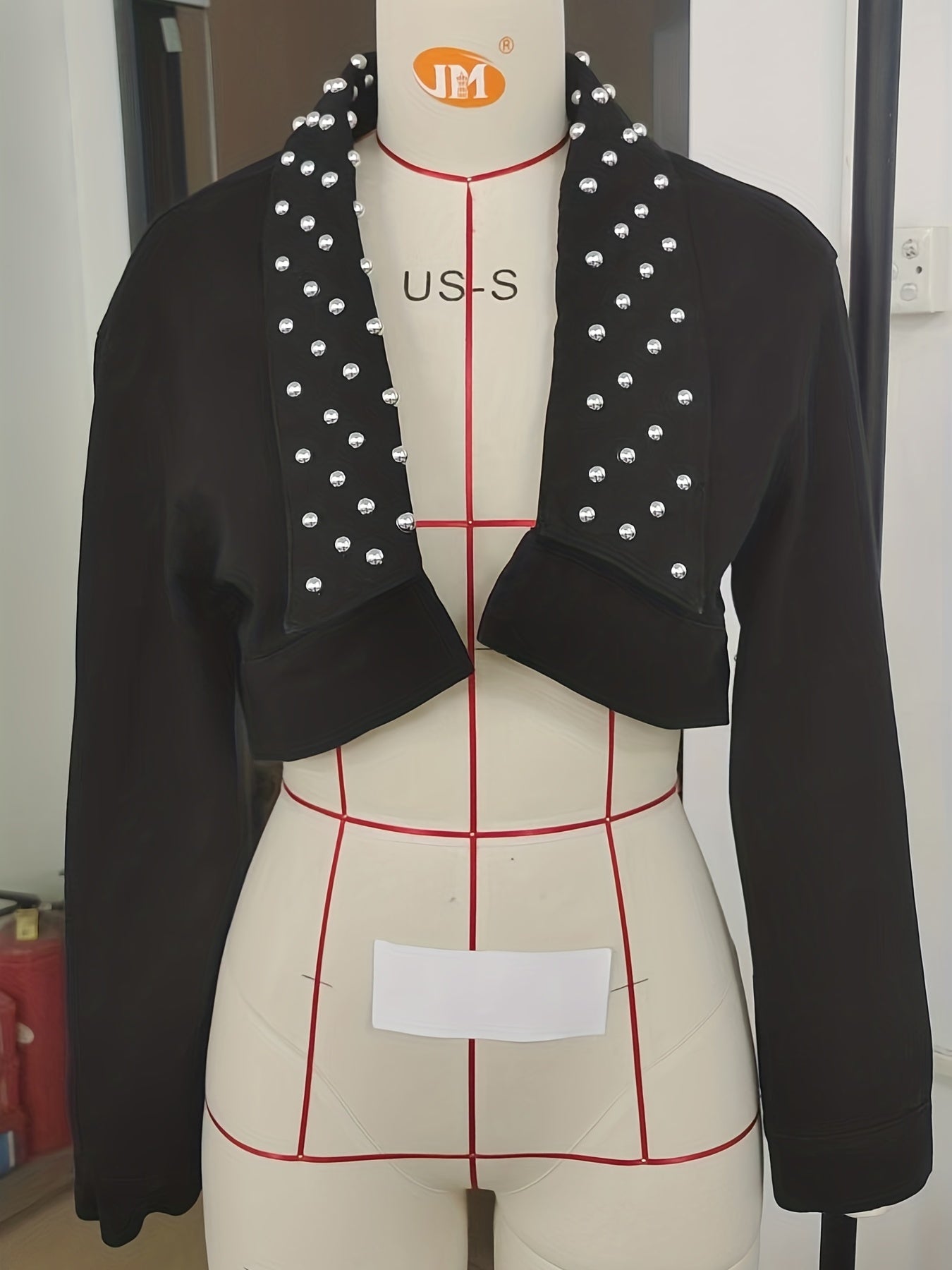 Goth Cyberpunk Denim Jacket Rivet Decor Long Sleeves Cropped Lapel