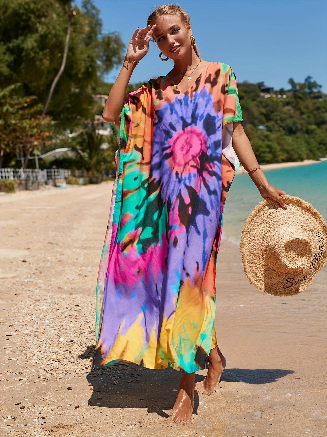 Tie Dye Bat Sleeve Cover Up Dress
