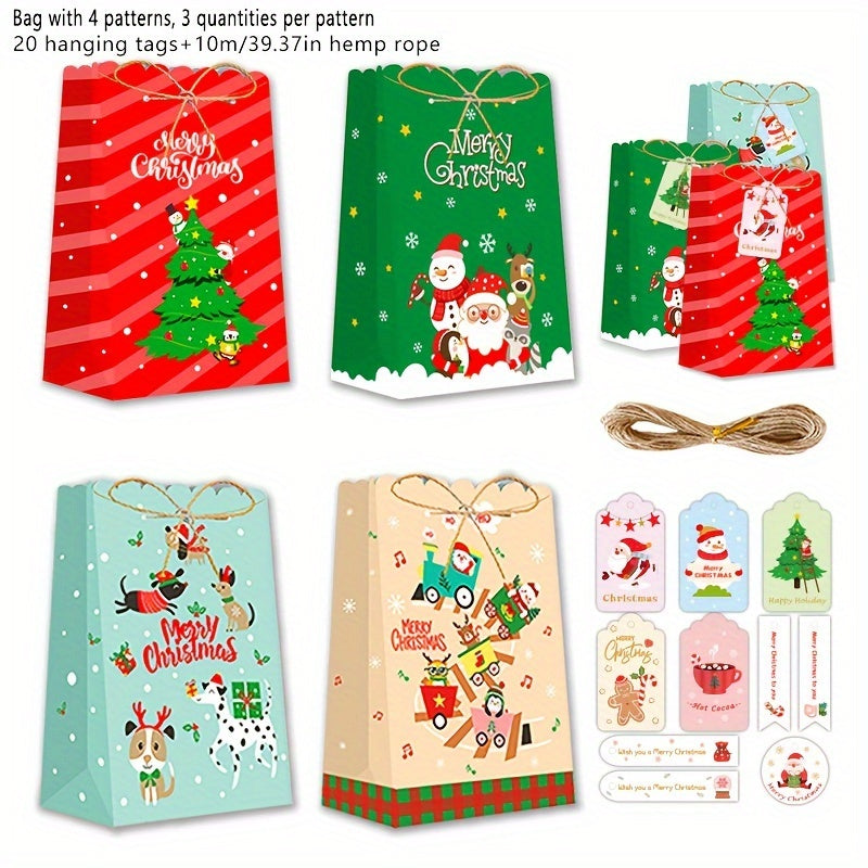 32pcs Christmas Paper Bags with Hanging Tag & Hemp Rope for Candy Packaging