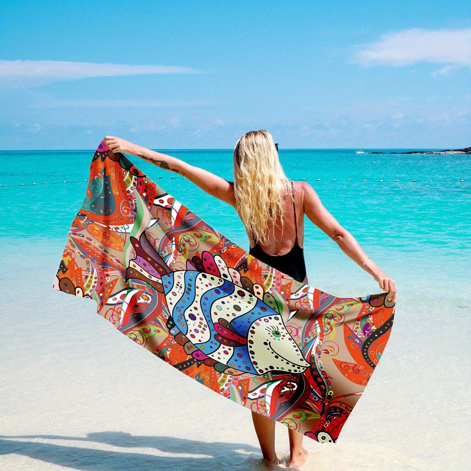 Colorful Fish Print Scarf Boho Shawl Large Sunscreen Wraps
