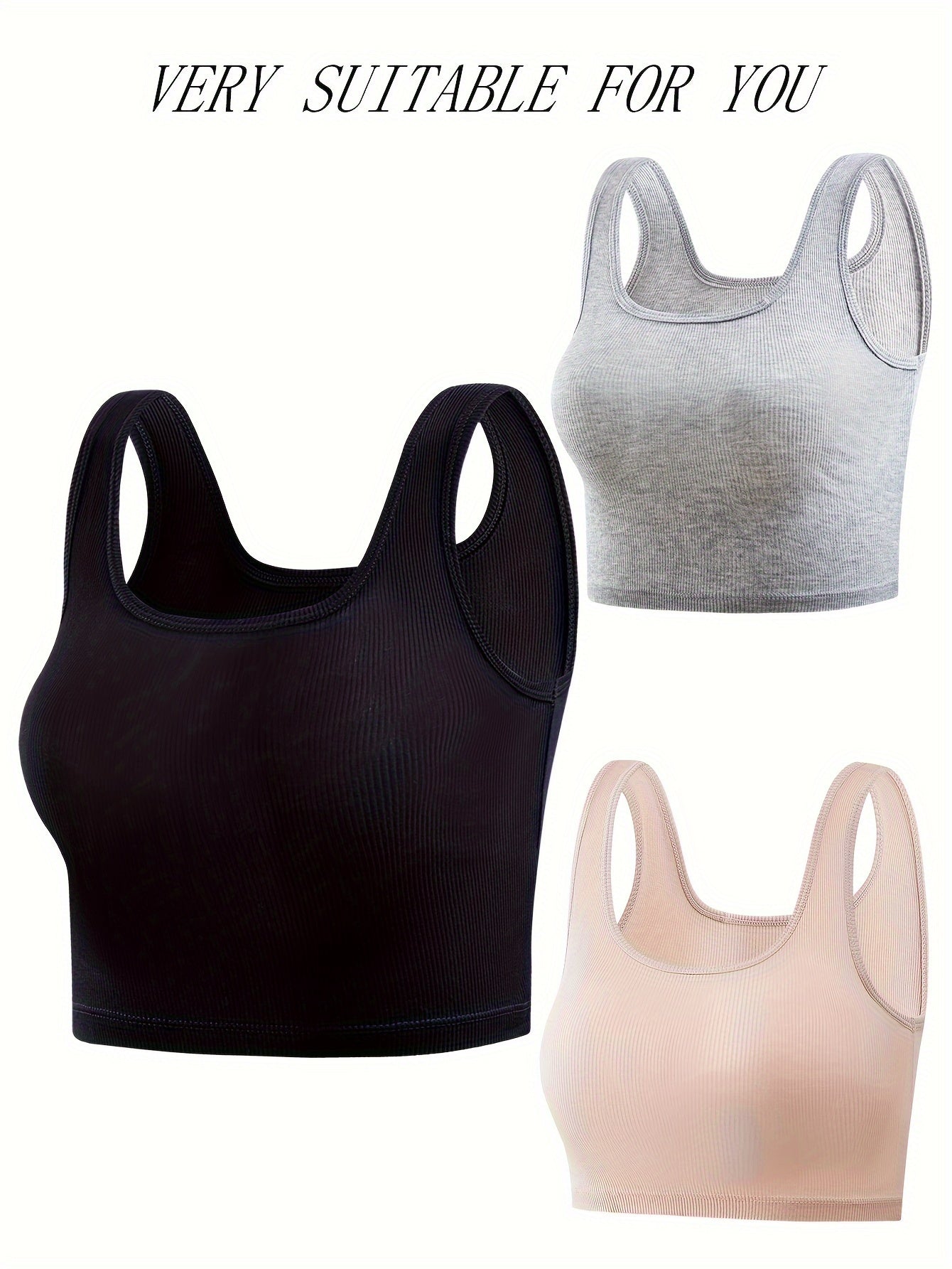 3pcs Ribbed Tank Tops Sleeveless Slim Fit Women's Lingerie
