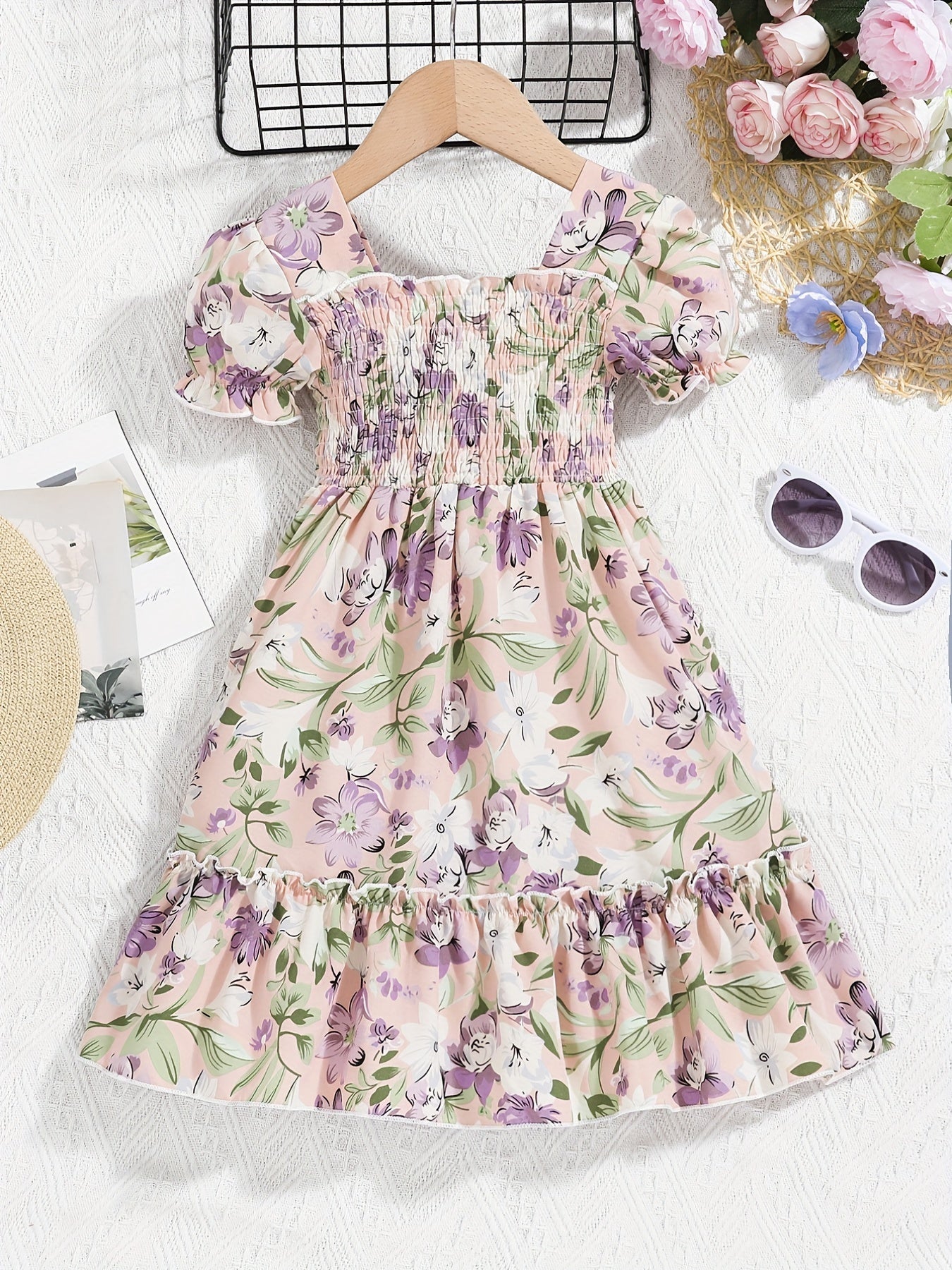 Girls Flower Print Short Sleeve Dress Kids Clothing Spring Autumn