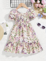 Girls Flower Print Short Sleeve Dress Kids Clothing Spring Autumn