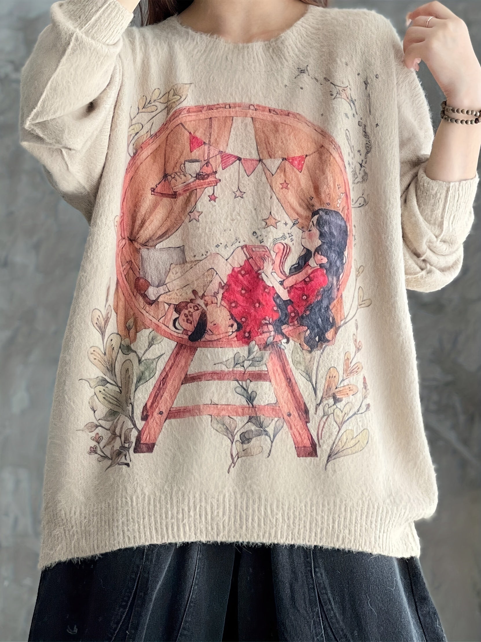 Women's Cartoon Figure Print Sweater Long Sleeve Pullover