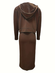 Solid V Neck Hoodie & Tank Dress Outfits Set