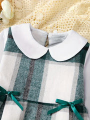 Preppy Plaid Round Collar Long Sleeve Dress For Girls