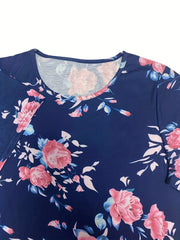 Floral Print Short Sleeve Round Neck Plus Size Mini Dress With Pockets