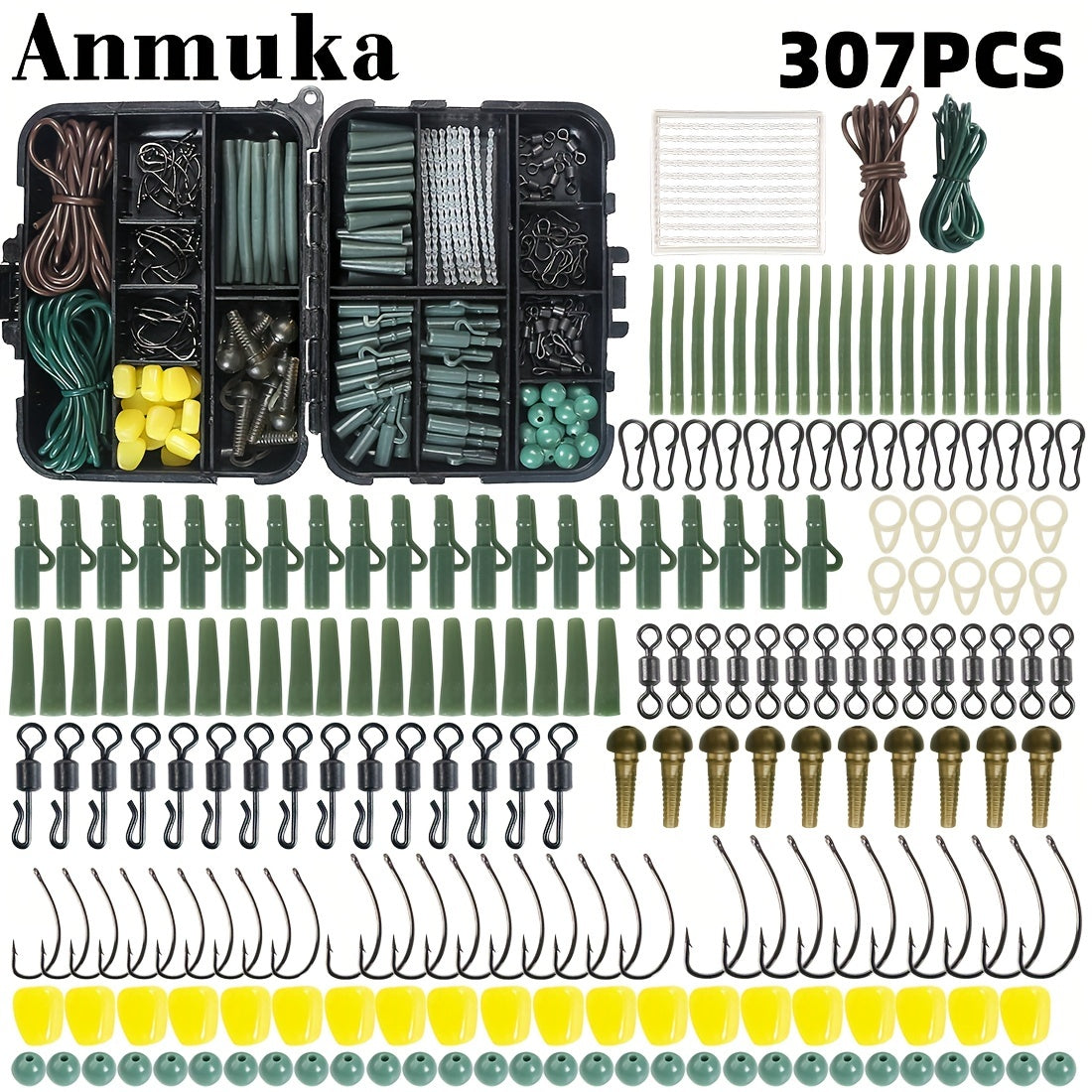 307pcs Carp Fishing Tackle Kit Hooks Beads Tubes Clips Access