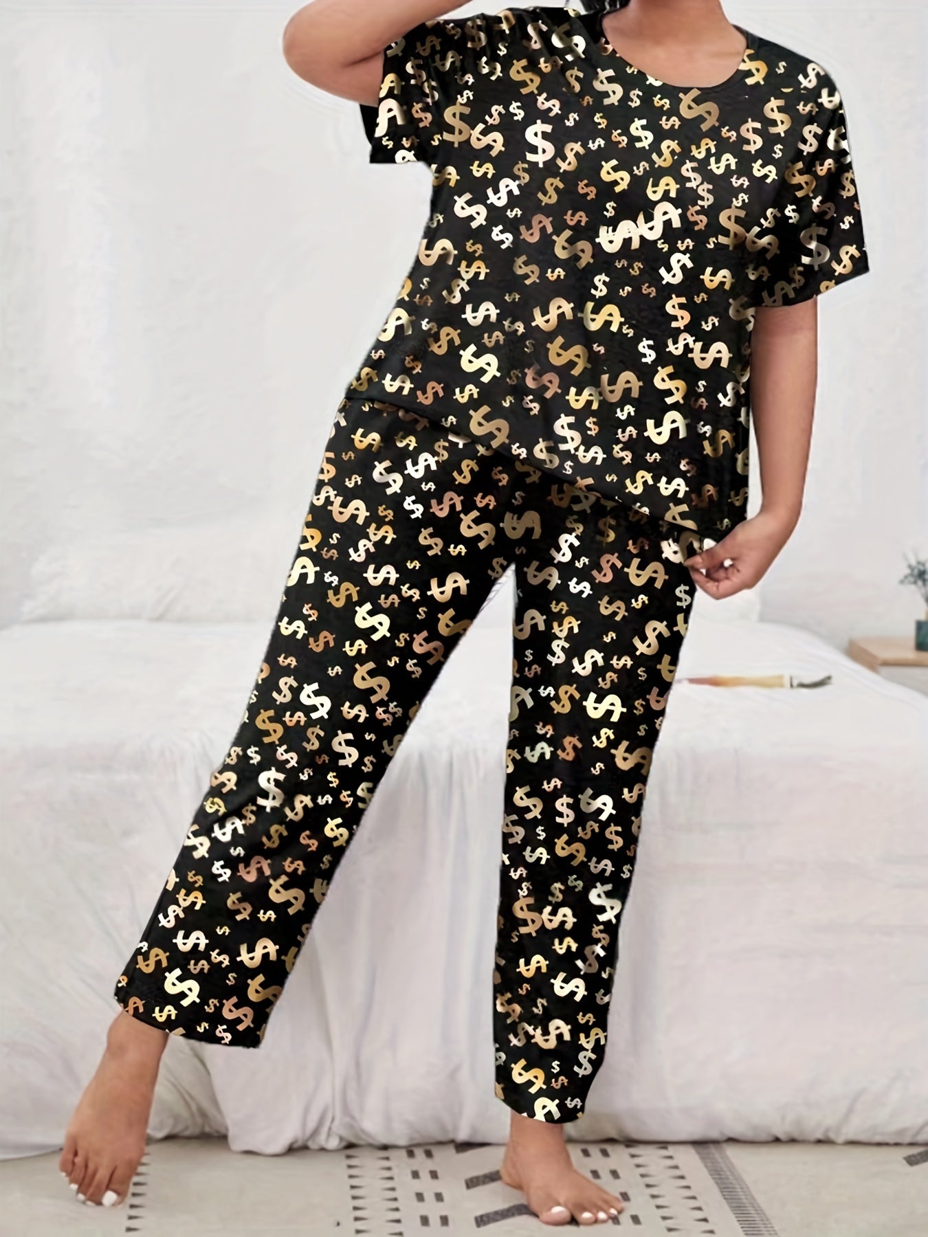 Dollar Print Pajamas Set Short Sleeve Top & Pants Money Graphic