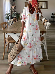 Boho Dress Women's Plus Leaf & Stripe Print Maxi Smock Dress